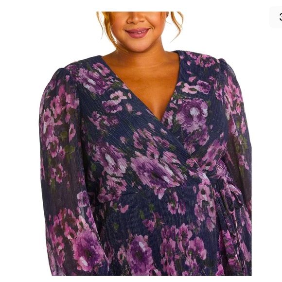Women’s Formal Dress Size 20W NIGHTWAY Purple Navy Tie Blouson Long Sleeve Hi-Lo - Picture 3 of 11